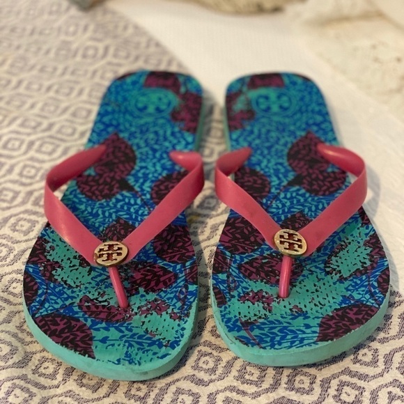 Tory Burch Turquoise Pink Logo Rubber Flip Flops​​​​​​​​​​​ - Picture 2 of 5